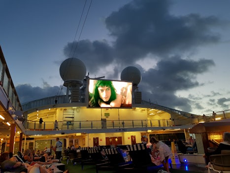 Movie screen on pool deck