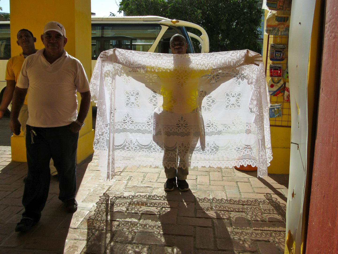 Tablecloth vendor in Cartagena at "shopping opportunity." I bought