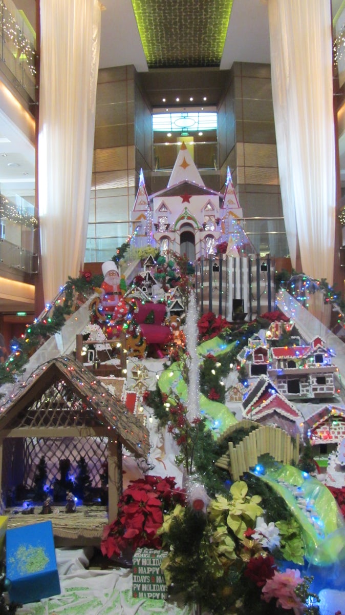 Central staircase decorated for Christmas