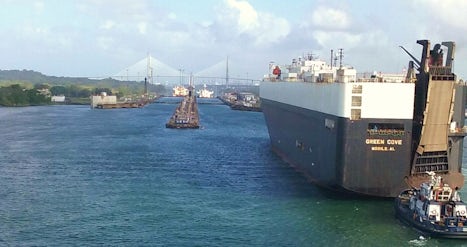 After turning around in huge Lake Gatun, the ship prepares for the return t