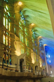 Inside lighting of Sagrada Familia Cathedral, Barcelona.