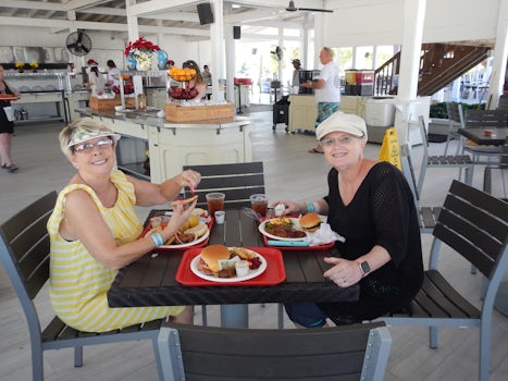 Enjoying the buffet lunch offered on Blue Lagoon Island, near Nassau.
