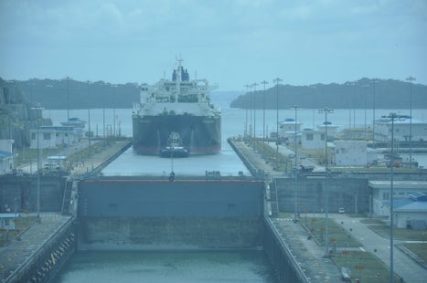 Cargo ship ahead of us in the next lock inside the Panama Canal