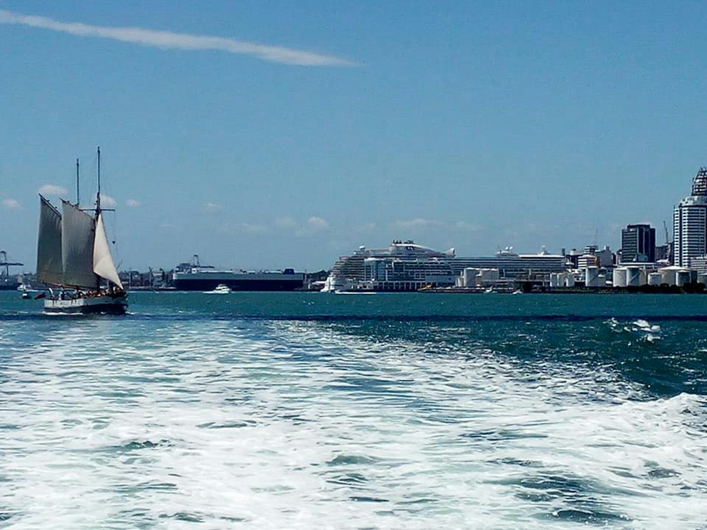 Cruise on Auckland harbour looking back too ship