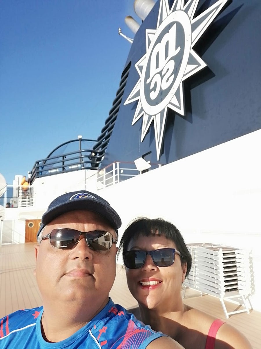 Learning to take selfies! Near the rear of the ship, close to the smoke sta