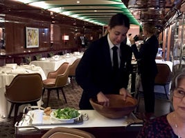 Tableside preparation of caesar salad (complete with a discussion of each s