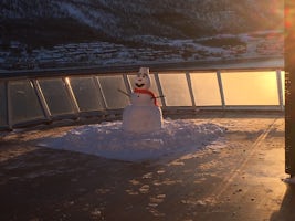 Snowman built by the crew on the Aquavit Terrace.