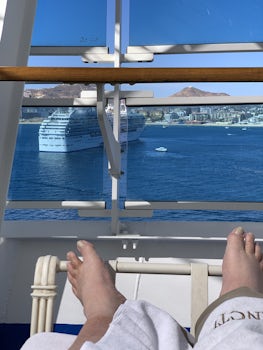 Coral Princess is visible from the Sanctuary of the Ruby Princess. So relax