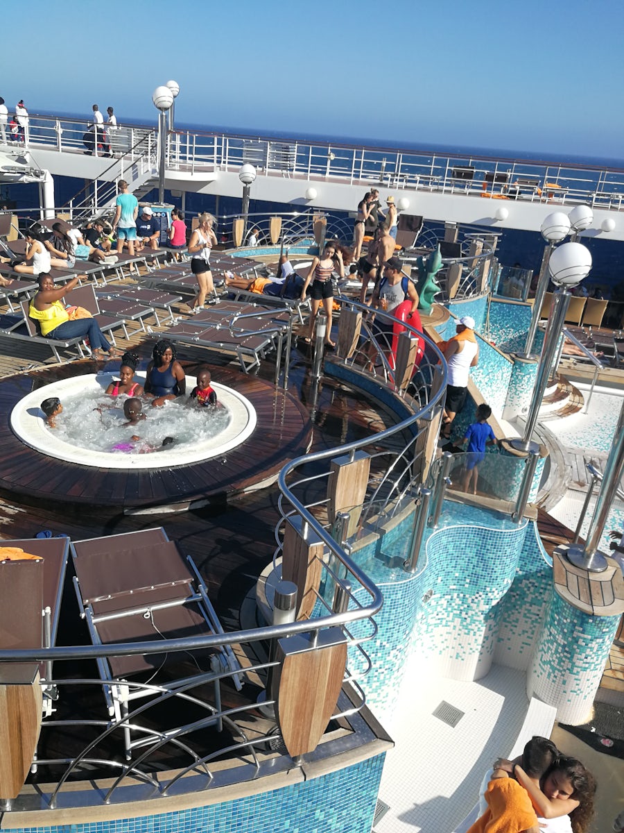 Top deck of the ship containing hot tub and pools. 