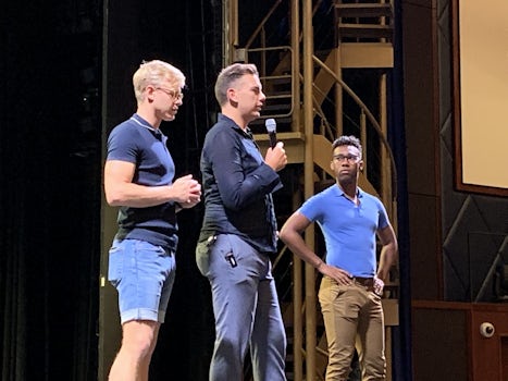 Cast of Hairspray hosting the Behind the Scenes Tour in the theater 