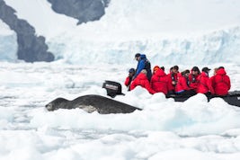 Leopard seal.  My wife is in the Zodiac.  She is the one in the red parka:-