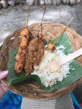 This was the lunch we bought on the Conflict Islands. Chicken skewers and r