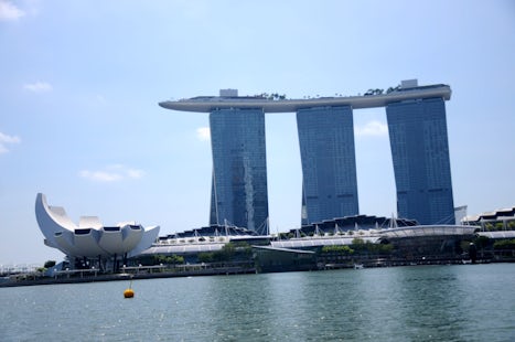 View of the Marina Bay Sands Hotel from a river cruise in Singapore