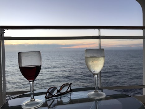 Wine on the balcony in the evening of the first day on board