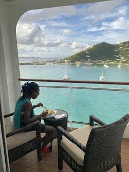 Babygirl eating breakfast when we embarked in St. Thomas I believe. We love