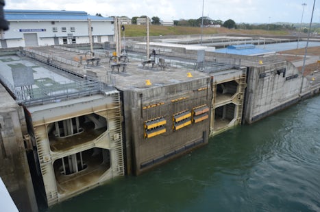 View of the lock mechanism of New Panama Canal at Aqua Clara locks.  Only o