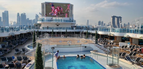 pool deck with movie screen