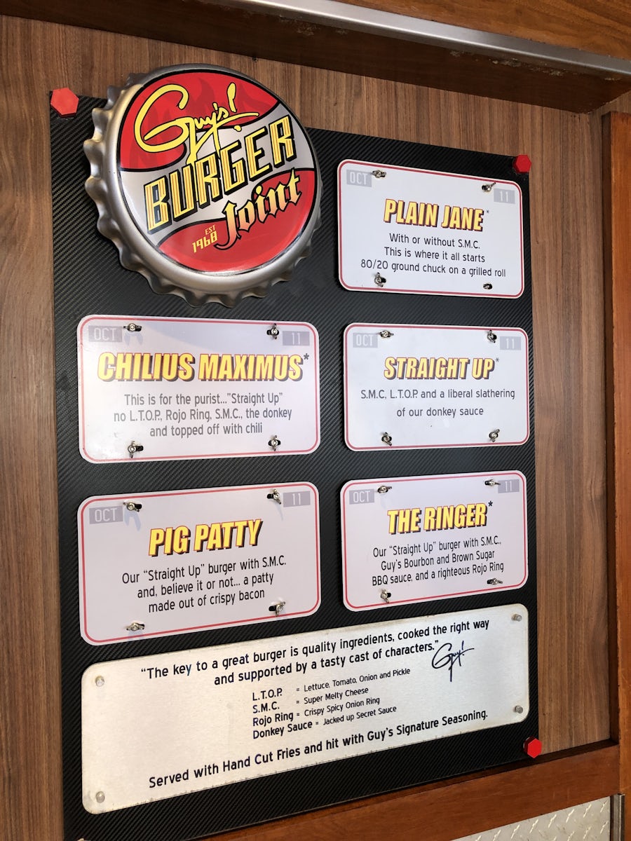 Guy’s Burger Joint (10th floor, Lido deck) menu board