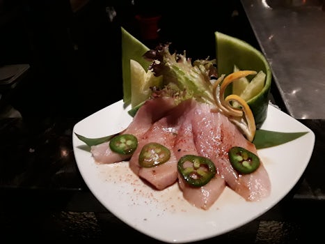 Yellowtail with jalepeno at the sushi bar. Just OK, and missing the sauce, 