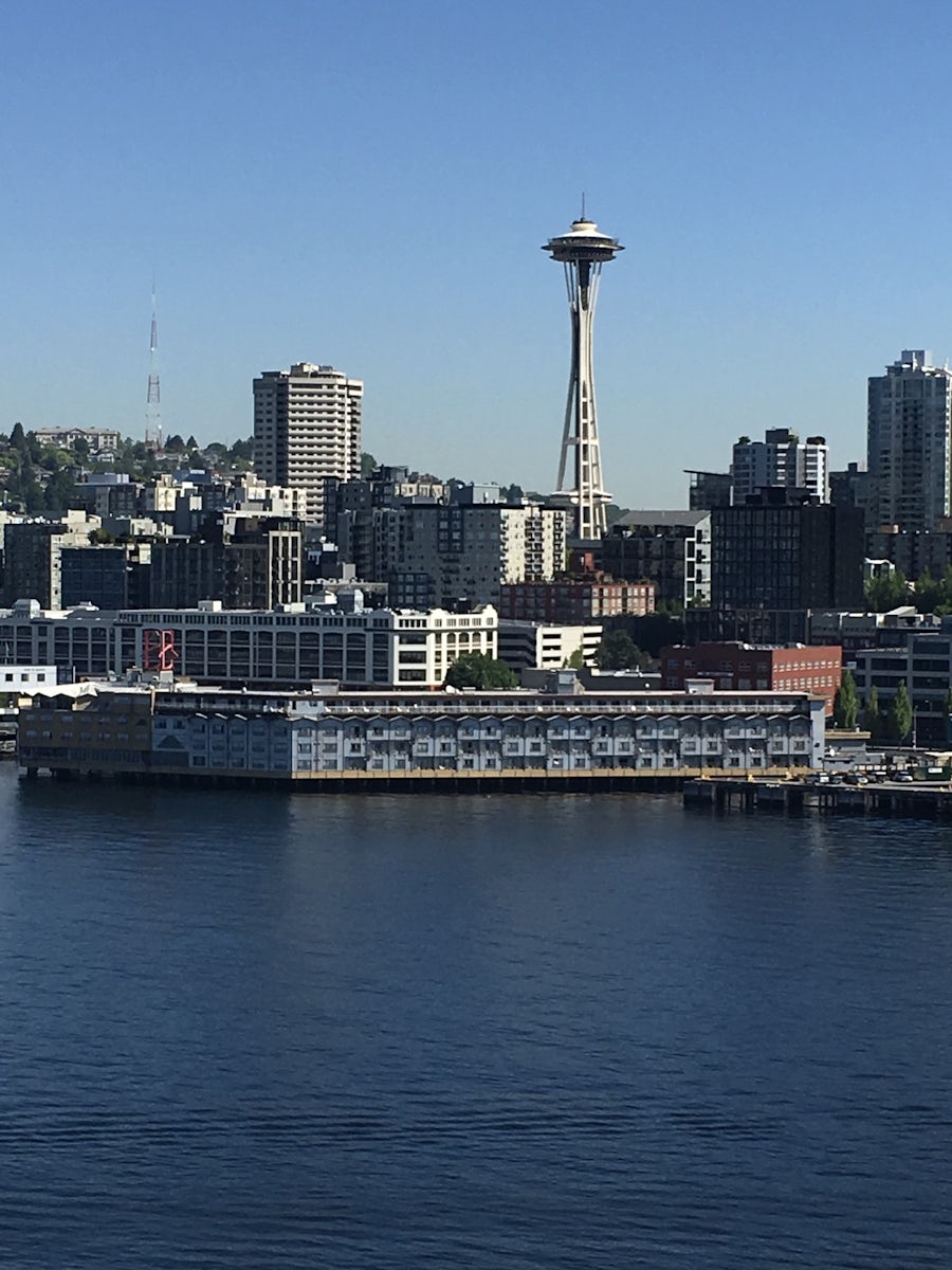 The Royal Princess arrives in Seattle. The Space needle and the Seattle sky
