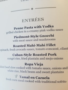 the menu of entrees from cuban night on ship