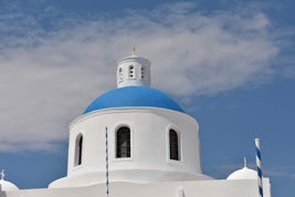 The classic blue domes of Santorini on our way to Oia Village
