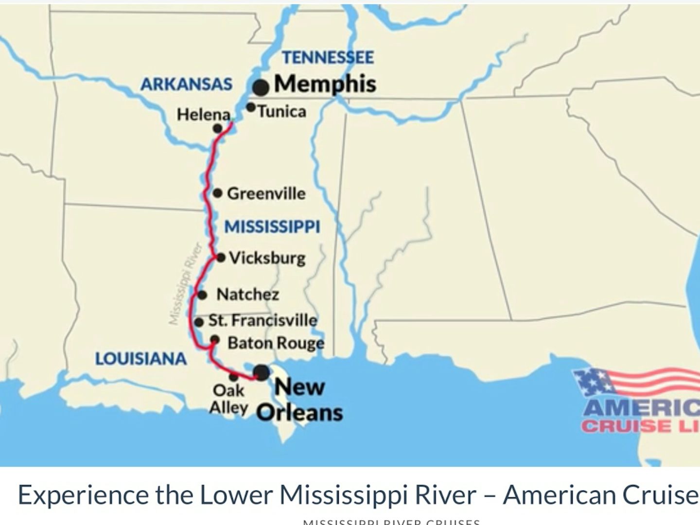 Itinerary Map of Cruise from Memphis to New Orleans