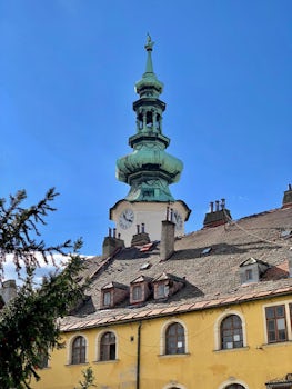 The green tower of Michael&#39;s Gate in Bratislava.