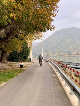 Cycling along the Danube River in Dürnstein, Austria. 