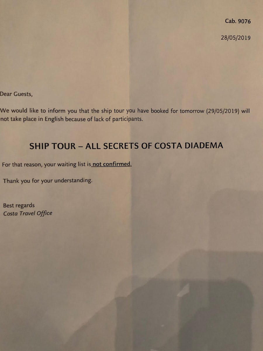 The notice of cancellation for the ship tour with clear notice of discrimin