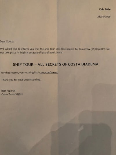 The notice of cancellation for the ship tour with clear notice of discrimin
