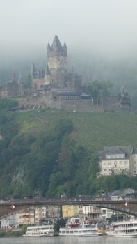 Early morning view from our cabin window with the castle shrouded in mist. 