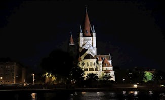 Nighttime shot of a church we passed entering Vienna.