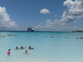 View of the Carnival Pride from the lovely beach at Half Moon Cay.