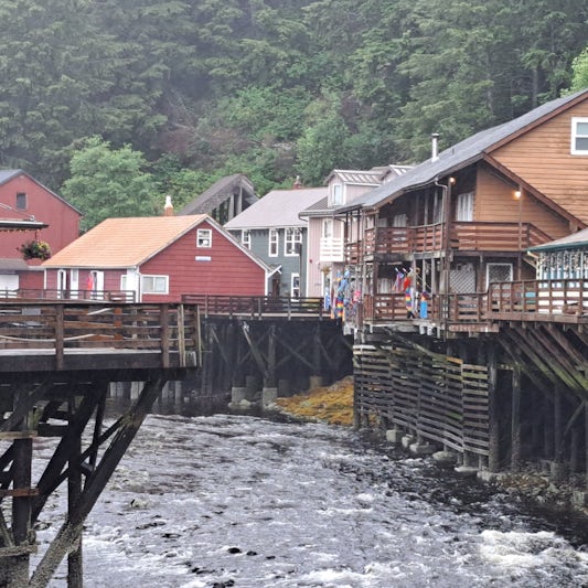 This is a photo of Creek Street in Ketchikan, Alaska. This was our first port on the cruise.  It was quite fun & interesting to stroll among all the quaint gift shops along the creek.