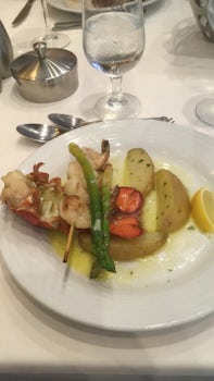 Broiled lobster tail and shrimp; parsley fingerling potato, asparagus, draw