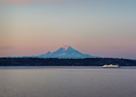 Mount Rainier and Washington State Ferry at sunrise as we approached Seattl