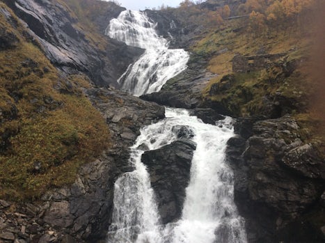 One of many waterfalls seen from the Funicular railway at Flam