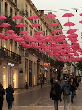 A street decorated to commemorate the fight for breast cancer in Sete , Fra
