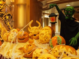 Halloween themed pumpkin carvings on display