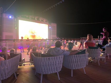 Nice outdoor movie screen on the aft deck for screenings and dance parties 