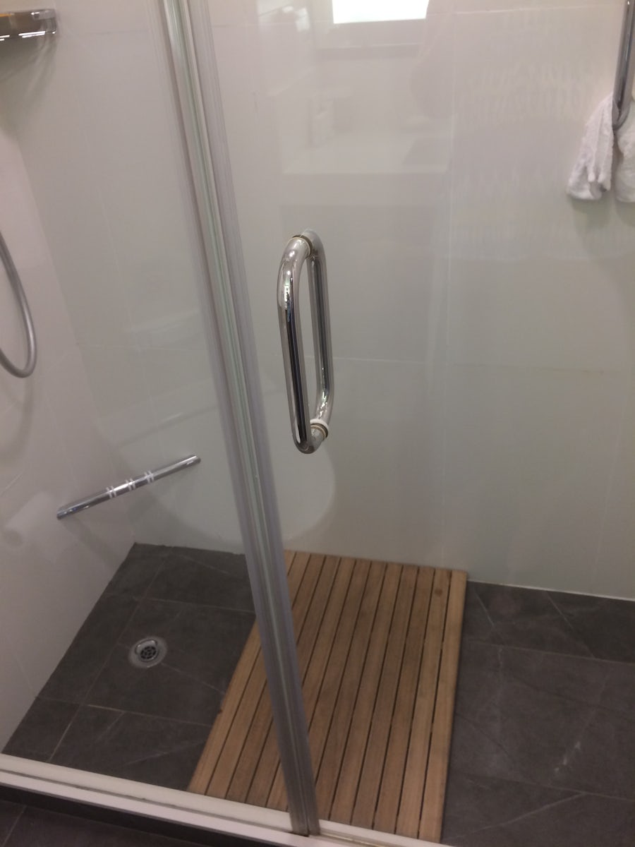 shower with teak mat