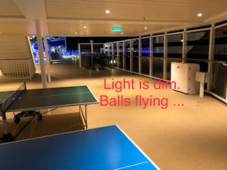 Light too dim in ping pong area. And there is no board to block balls rolli