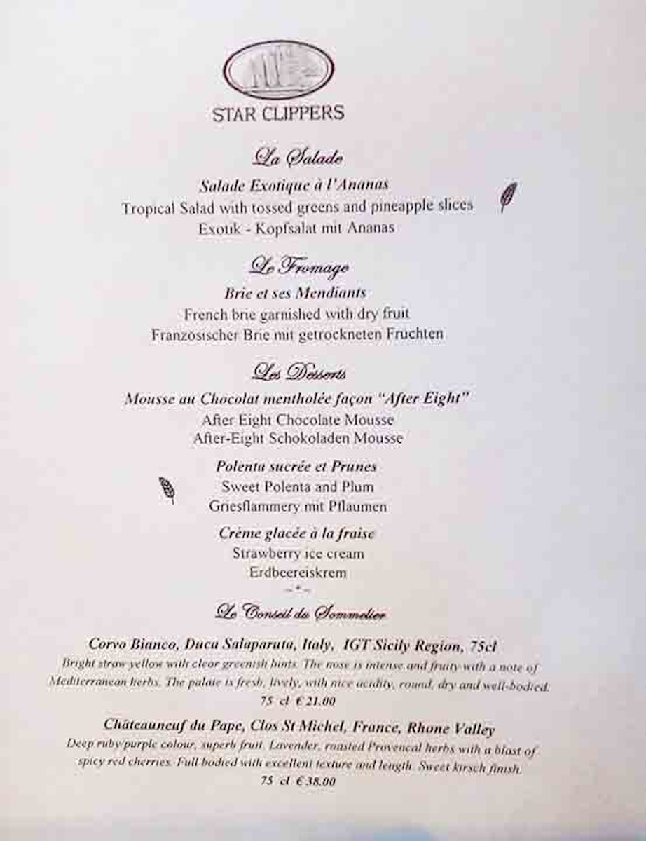 Menu page for captain's dinner