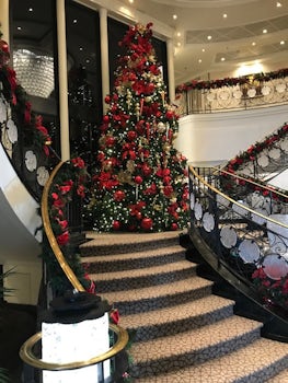 Main staircase decorated for the holidays.
