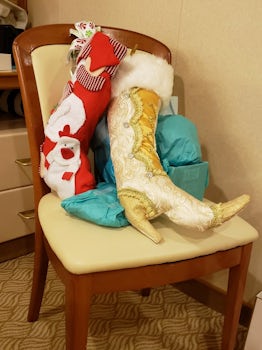 Santa found our stockings...even on a stateroom chair.