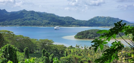 Ship at anchor on Huahine, French Polynesia from the overlook on the island