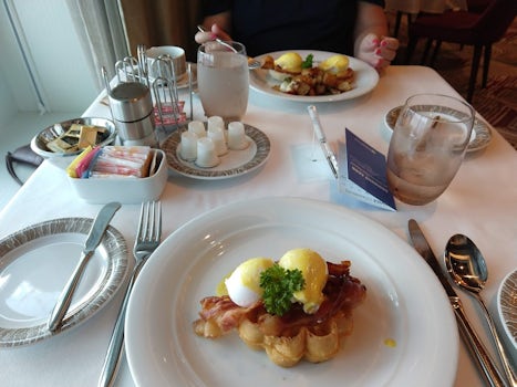 Main Dining Room breakfast, Eggs Benedict over waffles instead of English m