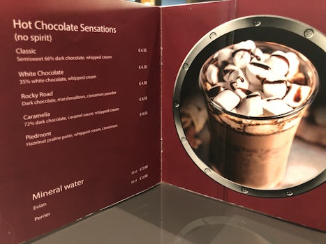 Hot chocolate costs $4.50 in the Jean Philippe chocolate shop