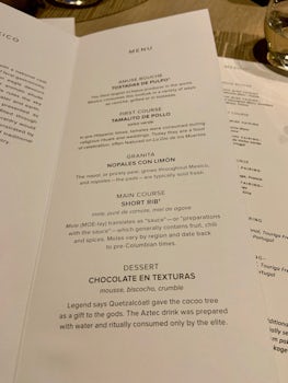 Menu for the Chef specialty Restaurant
